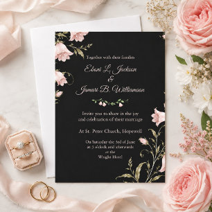Elegant Blush Floral Black Wedding Invitation