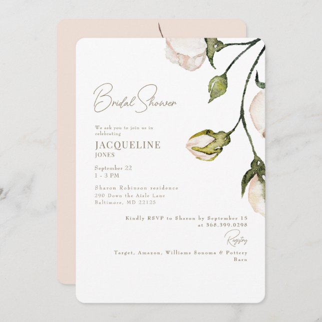 Elegant Blush Floral Botanical Bridal Shower Invitation (Front/Back)
