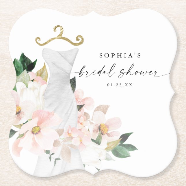 Elegant Blush Floral Bridal Shower Paper Coaster (Front)