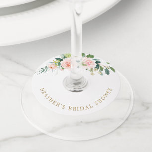 Elegant Blush Floral Bridal Shower Wine Glass Tag