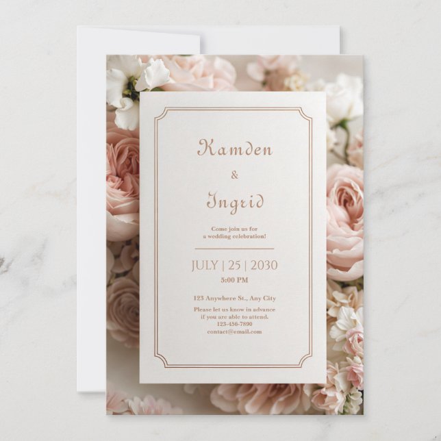 Elegant Blush Floral Bronze Ticket Frame Wedding Invitation (Front)