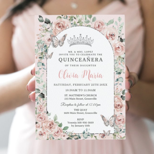 Elegant Blush Floral Butterflies Arch Quinceañera Invitation (Creator Uploaded)