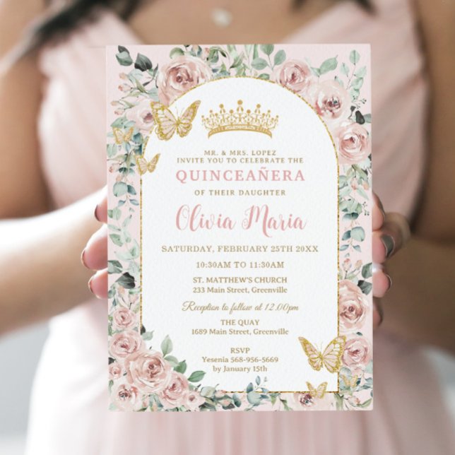 Elegant Blush Floral Butterflies Gold Quinceañera Invitation (Creator Uploaded)