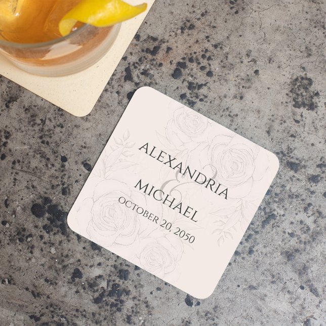 Elegant Blush Floral Calligraphy Script Ampersand Square Paper Coaster (Elegant blush floral wedding paper coaster. With calligraphy ampersand)