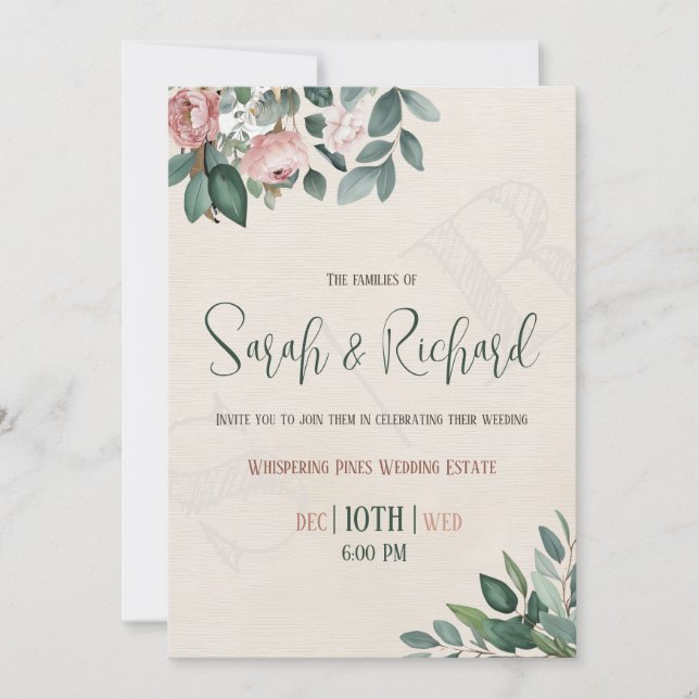 Elegant Blush Floral Custom Monogram Wedding Invitation (Front)