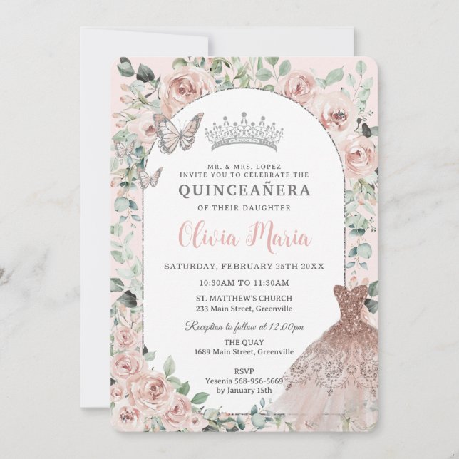 Elegant Blush Floral Dress Silver Quinceañera Invitation (Front)