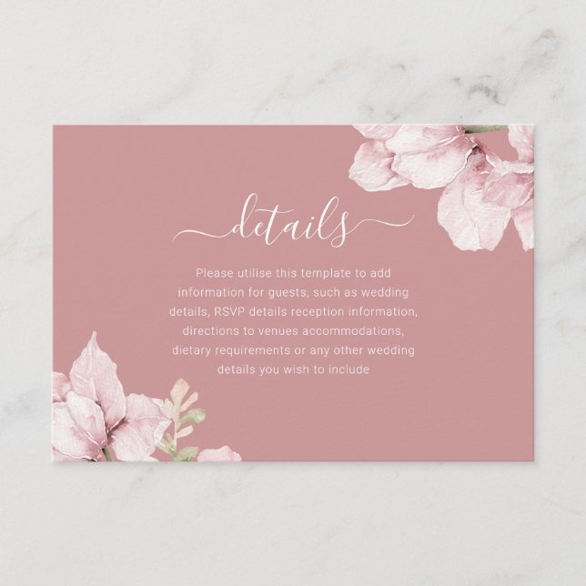 Elegant Blush Floral Dusty Rose Wedding Details Enclosure Card (Front)