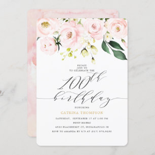 Elegant  Blush Floral  Eucalyptus 100th Birthday Invitation