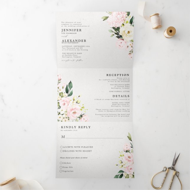 Elegant Blush Floral Eucalyptus All in one Wedding Tri-Fold Invitation (Inside)