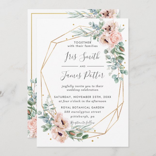 Elegant Blush Floral Eucalyptus Geometric Gold Invitation (Front/Back)