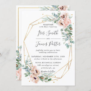 Elegant Blush Floral Eucalyptus Geometric Gold Invitation
