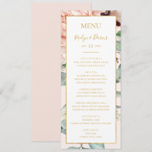 Elegant Blush Floral Garden Pastel Wedding Dinner  Menu
