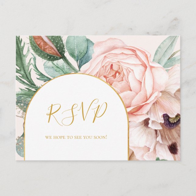 Elegant Blush Floral Garden | Pastel Wedding RSVP Postcard (Front)