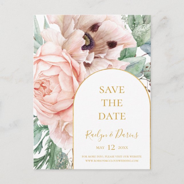 Elegant Blush Floral Garden Save The Date Postcard (Front)