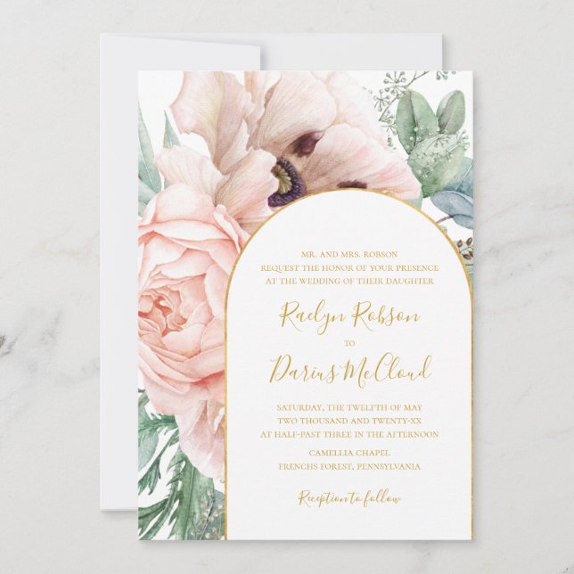 Elegant Blush Floral Garden | Traditional Wedding Invitation (Front)