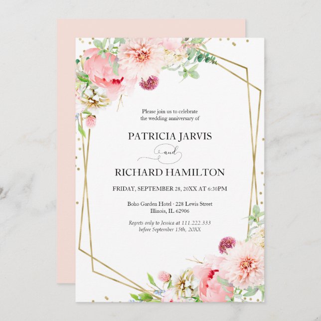 Elegant Blush Floral Geometric Wedding Anniversary Invitation (Front/Back)