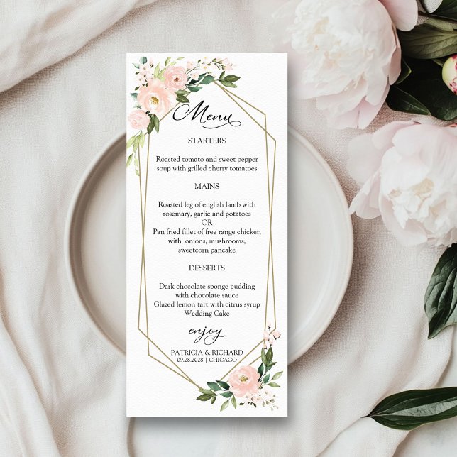 Elegant Blush Floral Geometric Wedding Menu Cards (Creator Uploaded)