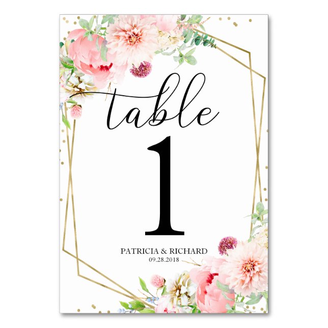 Elegant Blush Floral Geometric Wedding Table Number (Front)
