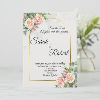 Elegant Blush Floral Gold Arch Wedding Invitation