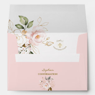 Elegant Blush Floral Gold Cross Girl Confirmation Envelope