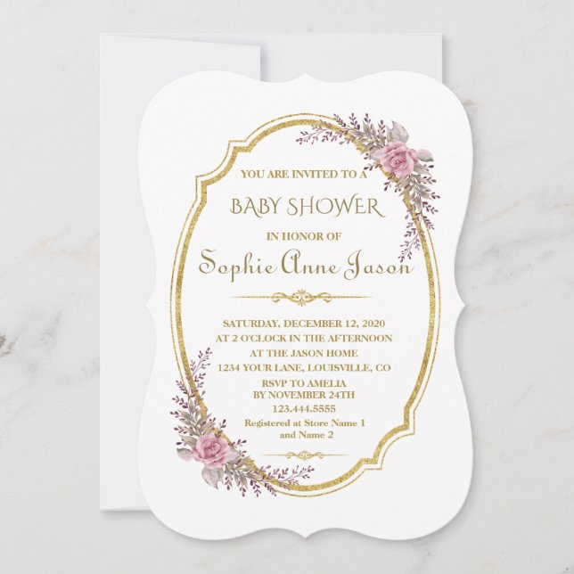 Elegant Blush Floral Gold Frame Baby Shower Invitation (Front)