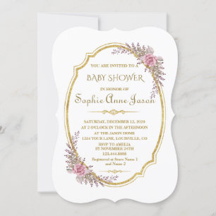 Elegant Blush Floral Gold Frame Baby Shower Invitation