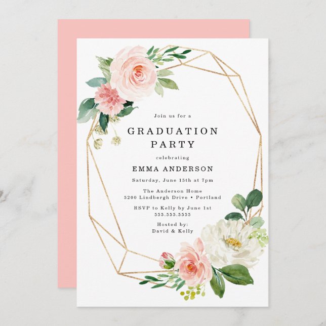 Elegant Blush Floral Gold Frame Graduation Party Invitation (Front/Back)