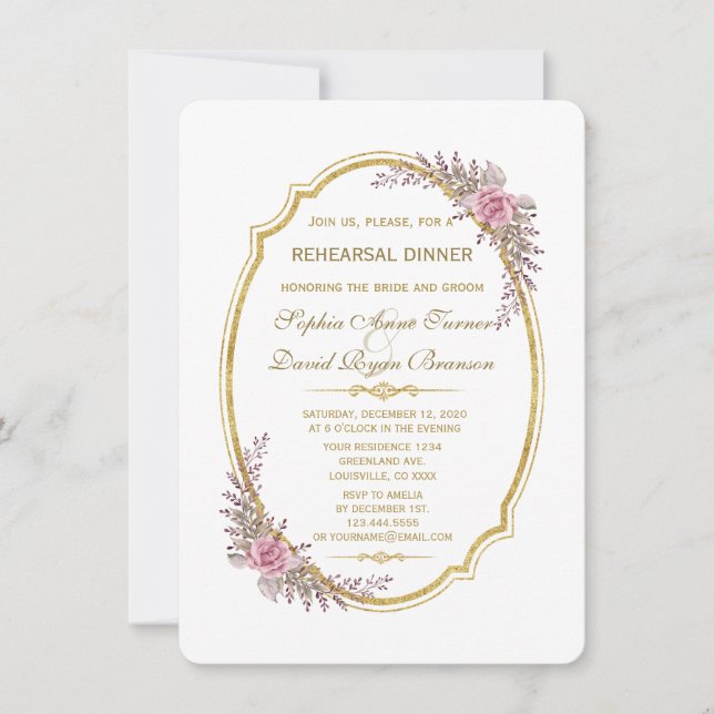 Elegant Blush Floral Gold Frame Rehearsal Dinner Invitation (Front)