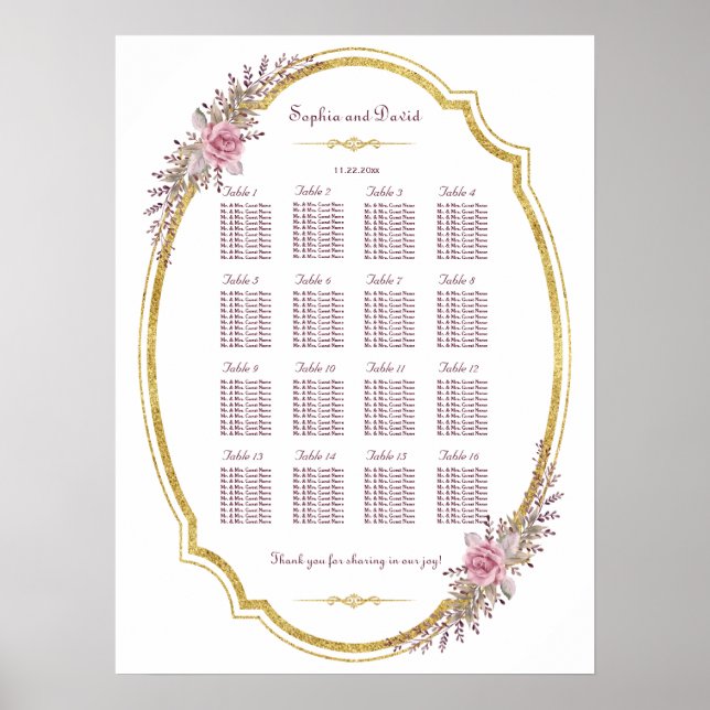 Elegant Blush Floral Gold Frame Seating Chart (Front)