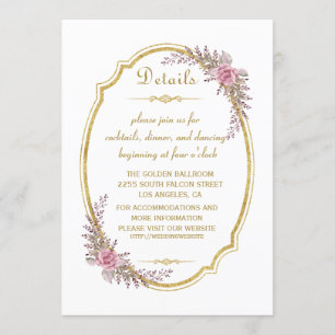 Elegant Blush Floral Gold Frame Wedding Details Invitation