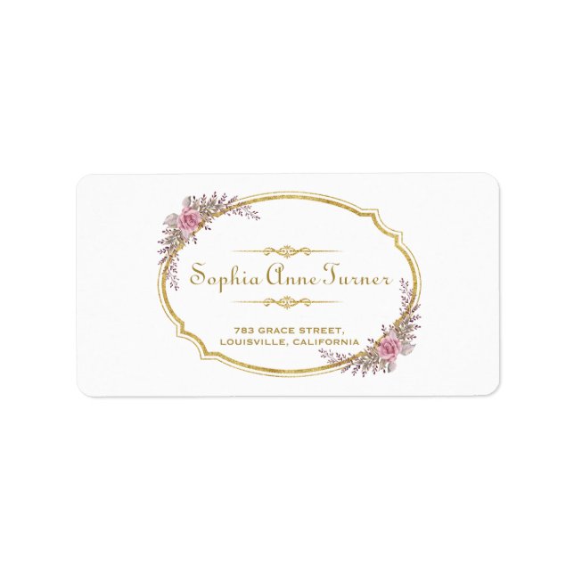 Elegant Blush Floral Gold Frame Wedding Label (Front)