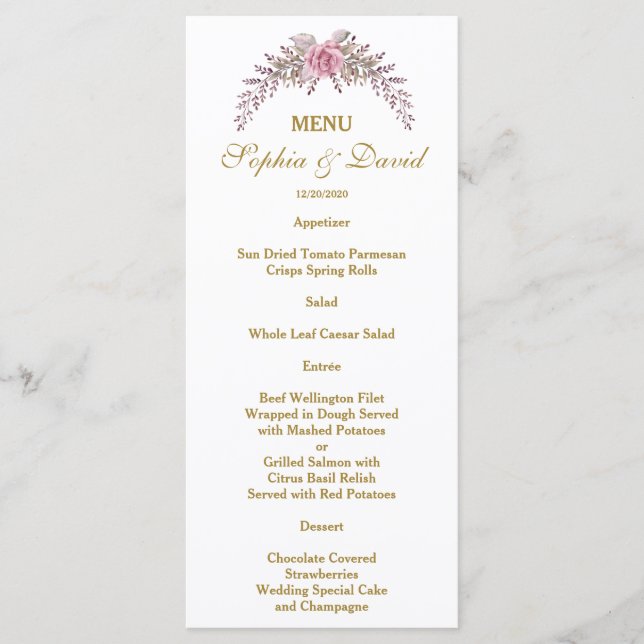 Elegant Blush Floral Gold Frame Wedding Menu (Front)