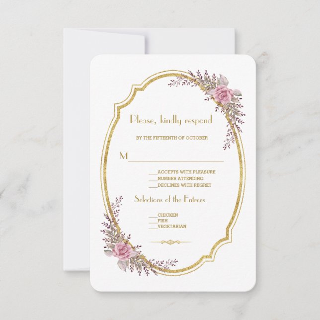 Elegant Blush Floral Gold Frame Wedding RSVP (Front)