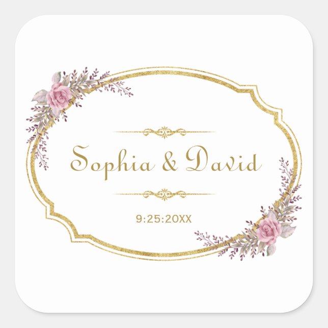 Elegant Blush Floral Gold Frame Wedding Square Sticker (Front)