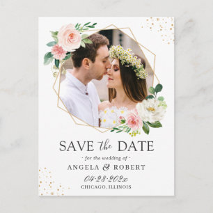 Elegant Blush Floral Gold Geometric Save the Date Postcard