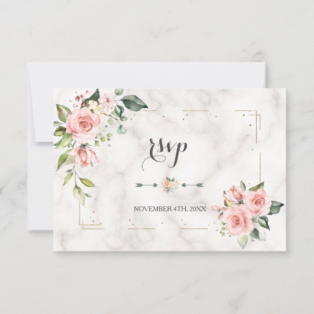 Elegant Blush Floral Gold Glitter Marble Wedding RSVP Card (Front)