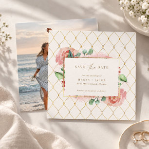 Elegant Blush Floral Gold Lattice Photo Wedding Save The Date