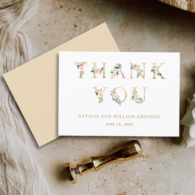 Elegant Blush Floral Gold Letters Thank You Card (Front & Back)