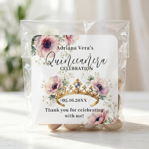 Elegant Blush Floral Gold Tiara Quinceañera Favor Square Sticker