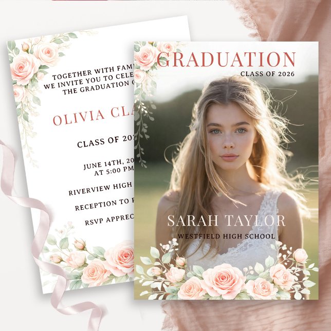 Elegant Blush Floral Graduation Photo Invitation (Creator Uploaded)