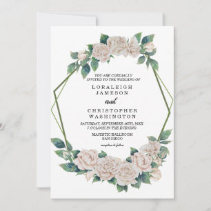 Elegant Blush Floral Green Geometric Frame Wedding Invitation