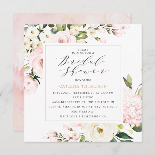 Elegant Blush Floral Greenery Bridal Shower Invitation (Front/Back)