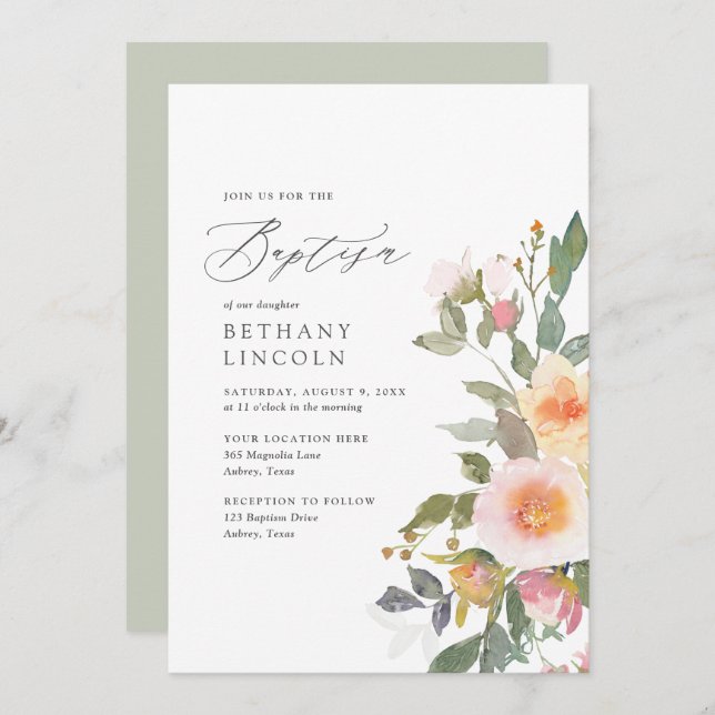 Elegant Blush Floral Greenery Girl Baptism Invitation (Front/Back)