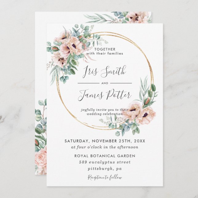 Elegant Blush Floral Greenery Gold Frame Wedding Invitation (Front/Back)