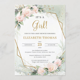 Elegant Blush Floral Greenery Gold It's a Girl Invitation