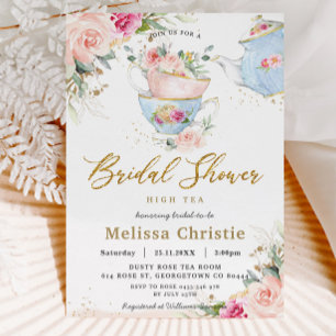 Elegant Blush Floral High Tea Party Bridal Shower Invitation