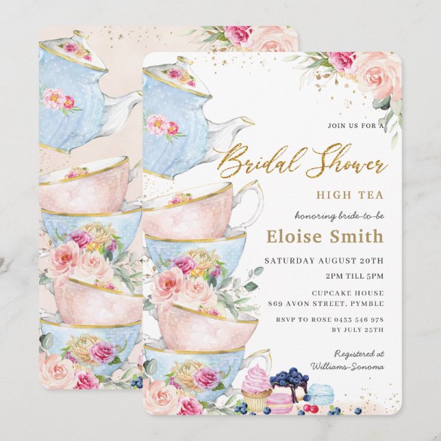 Elegant Blush Floral High Tea Party Bridal Shower Invitation (Front/Back)