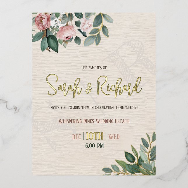 Elegant Blush Floral Monogram Wedding Foil Invitation Postcard (Front)