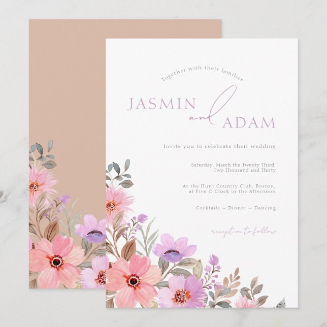 Elegant Blush Floral Monogram Wedding Invitation (Front/Back)