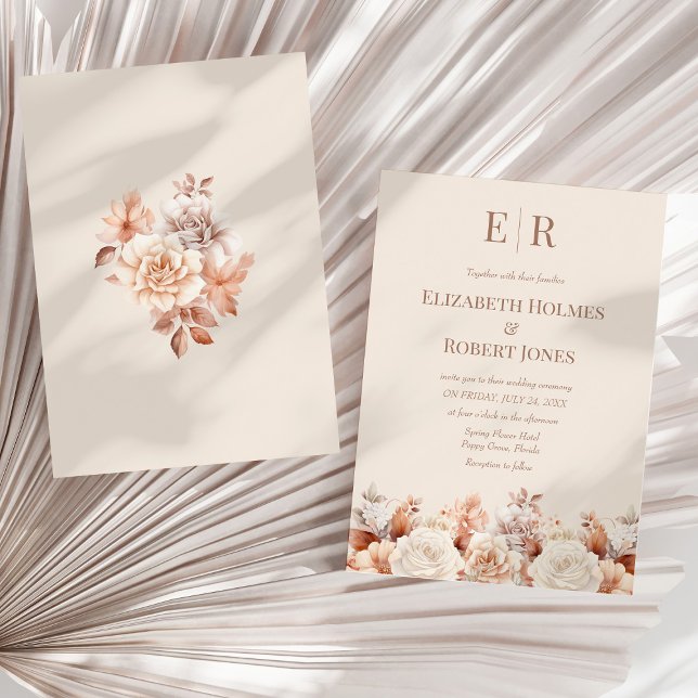 Elegant Blush Floral Monogram Wedding Invite (Rose Gold Floral Mousse Monogram Wedding Invitation on a sunny neutral dry palm leaf.)